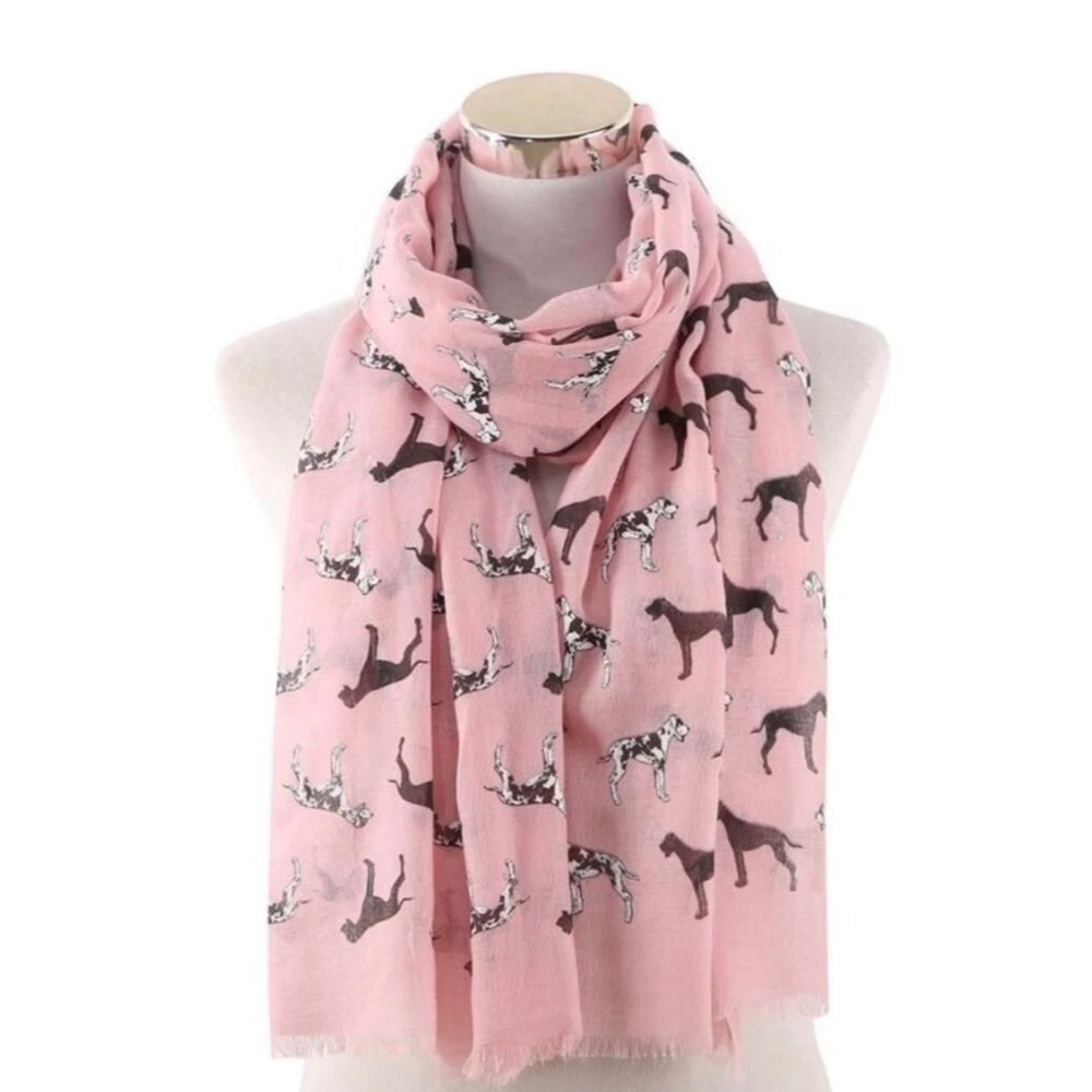 Pink Great Dane Dog Print Scarf Lightweight Frayed Edge Rectangle Wrap Shawl